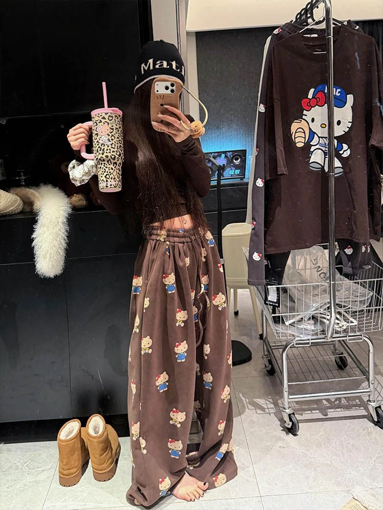 美拉德棕色kitty猫加绒运动卫裤女秋冬加厚慵懒松弛感休闲阔腿裤