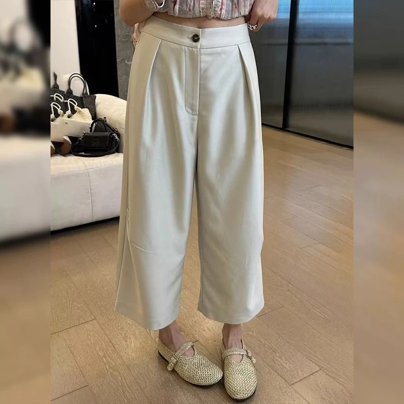 欧货设计感褶皱九分休闲裤女夏季薄款大码梨形身材宽松显瘦阔腿裤