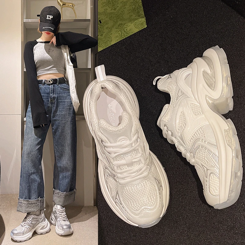 2025白鞋新款简约独特百搭轻便透气厚底系带时尚松糕女士休闲慢跑