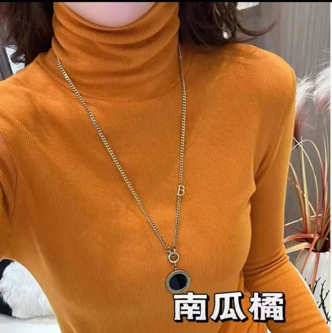 新款高领堆堆领长袖打底衫女秋冬磨毛修身显瘦百搭内搭南瓜橘上衣