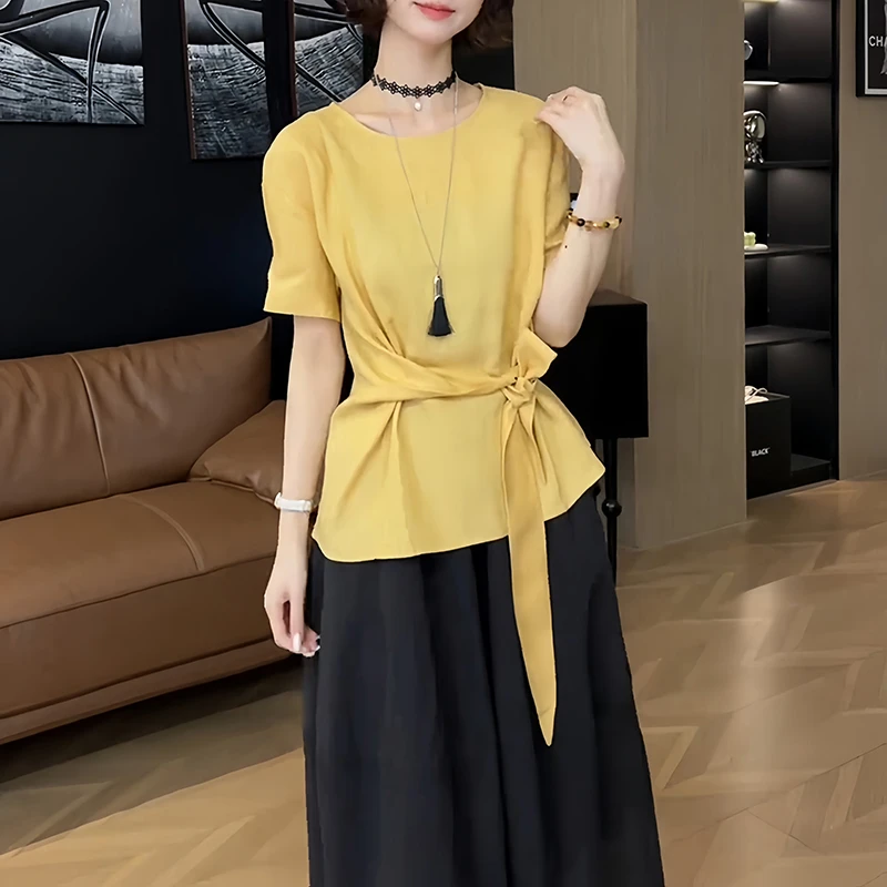 韩系气质百搭简约上衣夏季新款时尚衬衫绑带收腰轻薄休闲短袖女