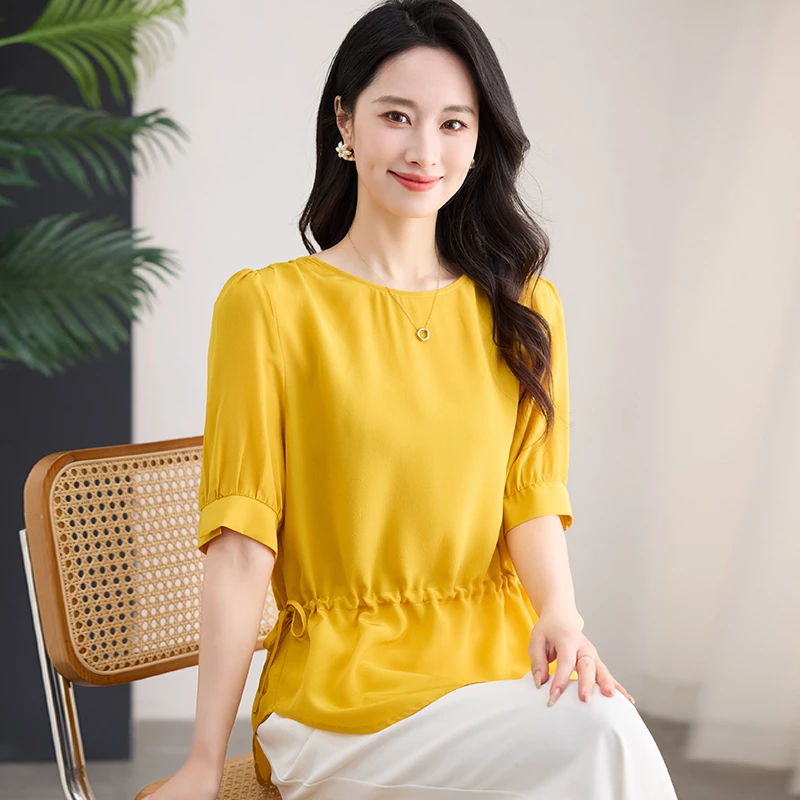 大码宽松显瘦真丝T恤女2025夏季新款气质桑蚕丝双绉收腰短袖衬衫