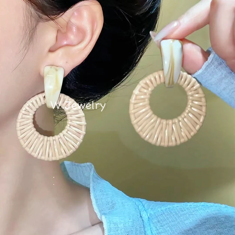 合金亚克力耳饰 仿竹藤草编圆形耳环欧美复古百搭时尚轻奢气质