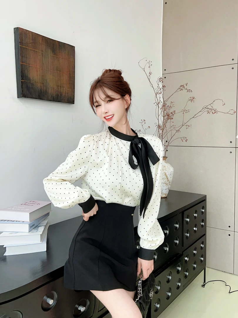 【法甜茶歇2.0】法式复古波点蝴蝶结飘带长袖断面甜美衬衫 #8531