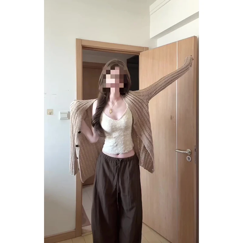 parkyeon小个子减龄穿搭长袖毛衣外套蕾丝边背心休闲裤秋季套装