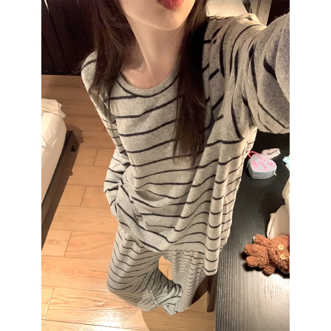睡衣女秋冬季长袖长裤韩版ins简约休闲条纹学生家居服两件套装春