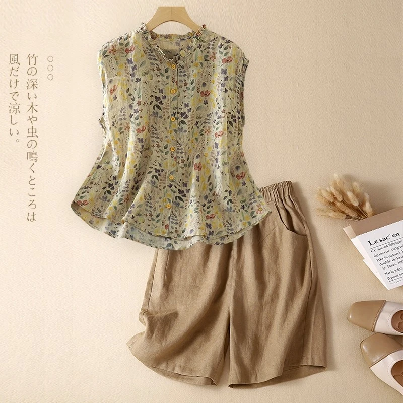 大码女夏装棉麻衬衣洋气减龄苎麻碎花无袖上衣轻薄款亚麻背心衬衫
