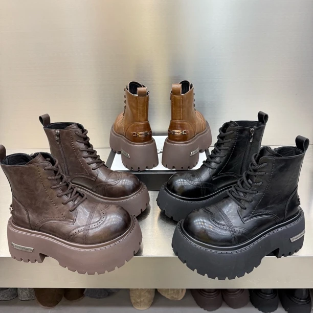 浩136-7新款厚底松糕圆头秋冬加绒英伦风短靴底厚8公分增高马丁靴