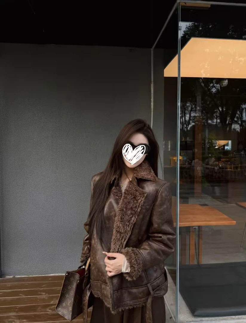【时髦定义】很爱!美式炸街风潮流皮毛一体加厚机车皮衣外套酷女