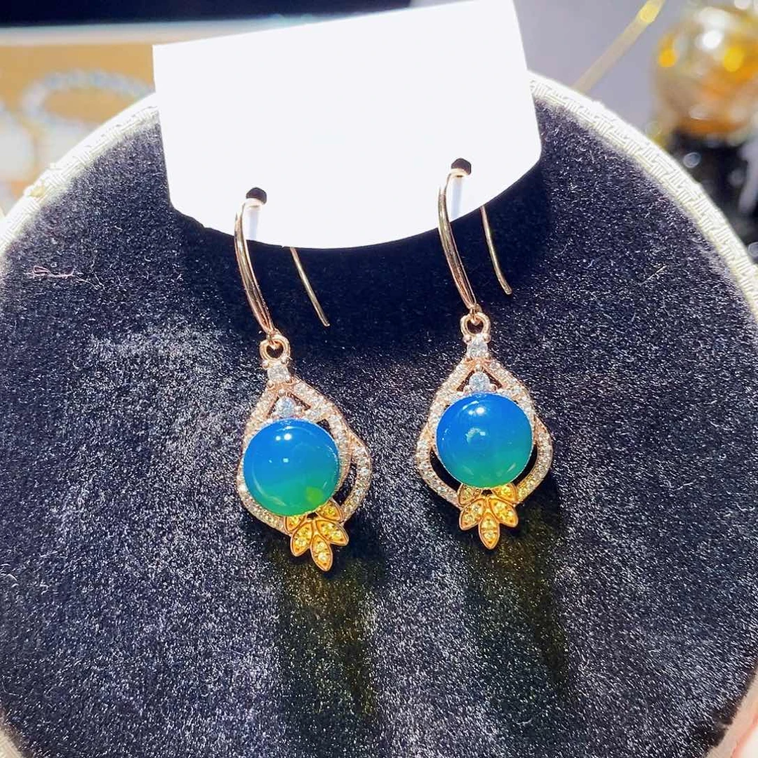 银S925镀金镶嵌蓝珀耳饰9m高蓝净水封底耳钩