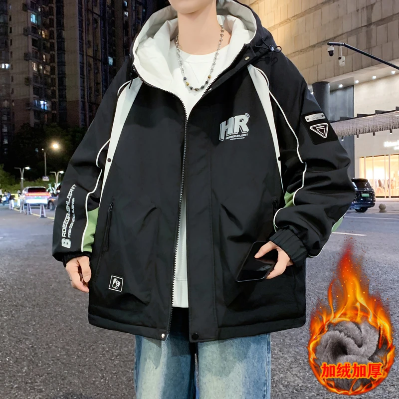 加绒加厚外套男款冬季百搭休闲连帽夹克学院风学生青少年棉衣男装