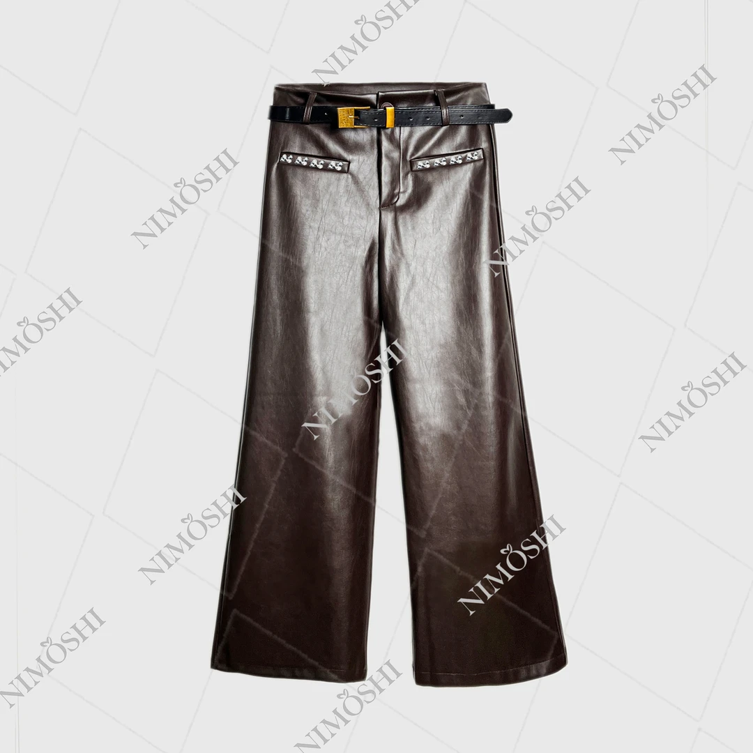 【专柜飞】垂感显瘦阔腿裤松弛感直筒拖地裤pu皮裤女 K1005