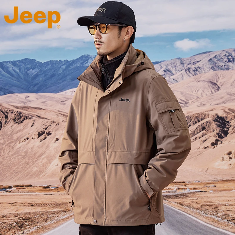 JEEP吉普美式户外冲锋夹克男士春秋季工装宽松外套连帽防风上衣男