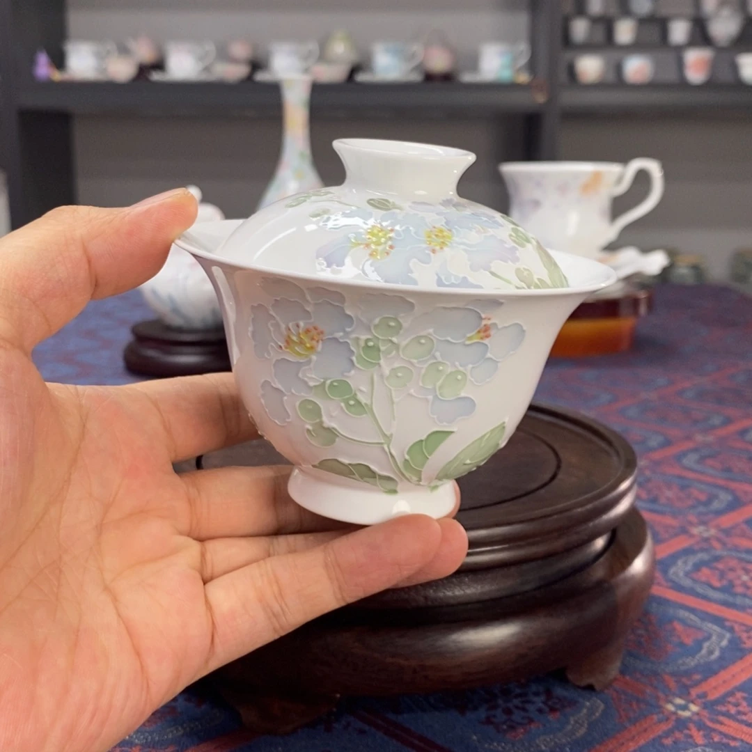 紫薇花品茗杯手绘釉下高温