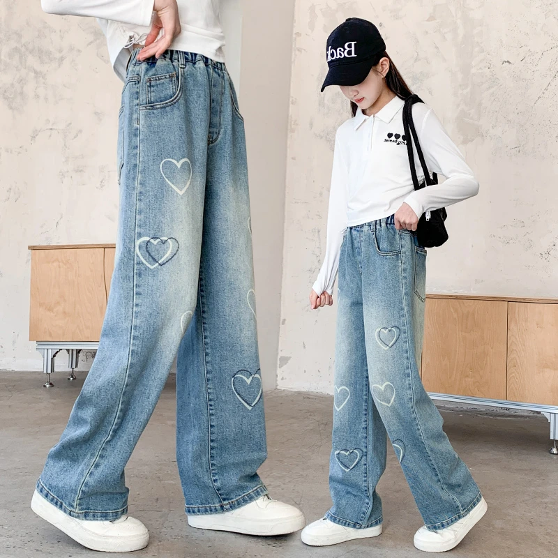 女童牛仔长裤春秋2025新款洋气女大童阔腿裤子春装儿童休闲裤女孩