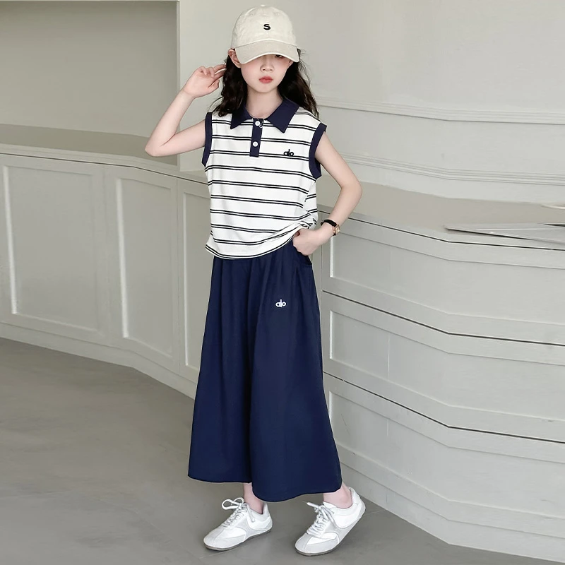 【涵妈推荐】女大童夏款无袖条纹POLO衫阔腿裤两件套韩版初中生套装
