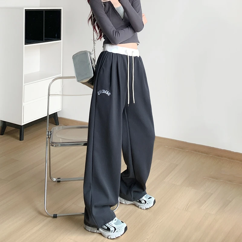 美式运动裤女春夏季2025新款高腰阔腿直筒休闲卫裤跳舞爵士舞裤子