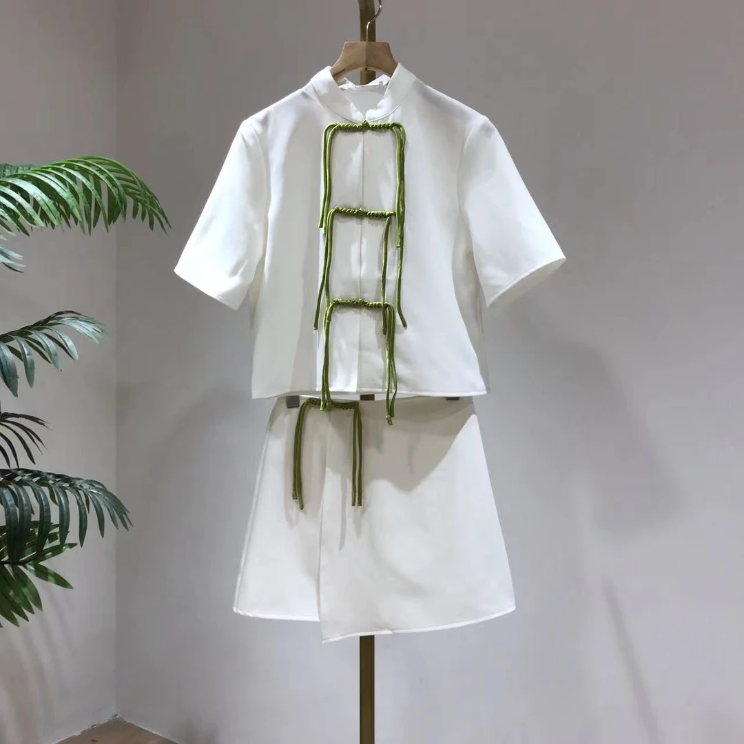 Q3023新中式国风高级盘扣改良旗袍上衣女夏季高腰短裙两件套装