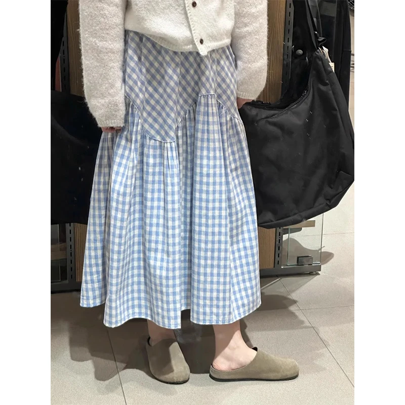 蓝色格子中长裙女胖mm大码梨形身材高腰显瘦拼接遮胯a字半身裙