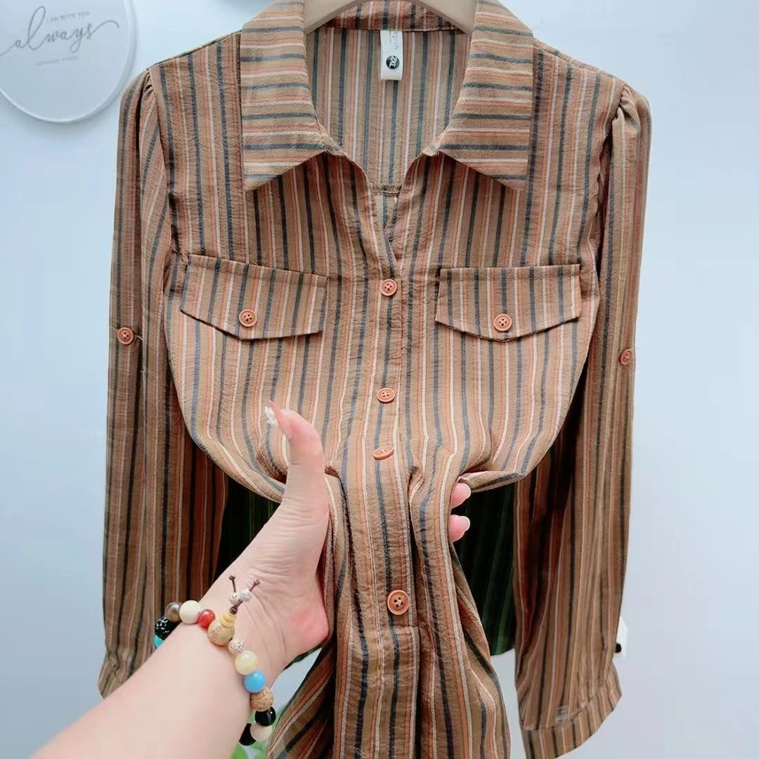 宽松条纹衬衫秋季新款百搭气质休闲衬衣显瘦遮肉外穿上衣两用袖衫