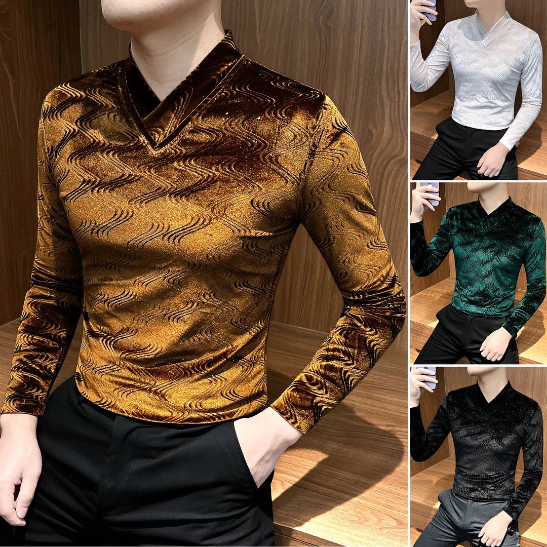 波浪纹V领t恤长袖男款爆款2025新款秋冬季金丝绒满天星男士打底衫