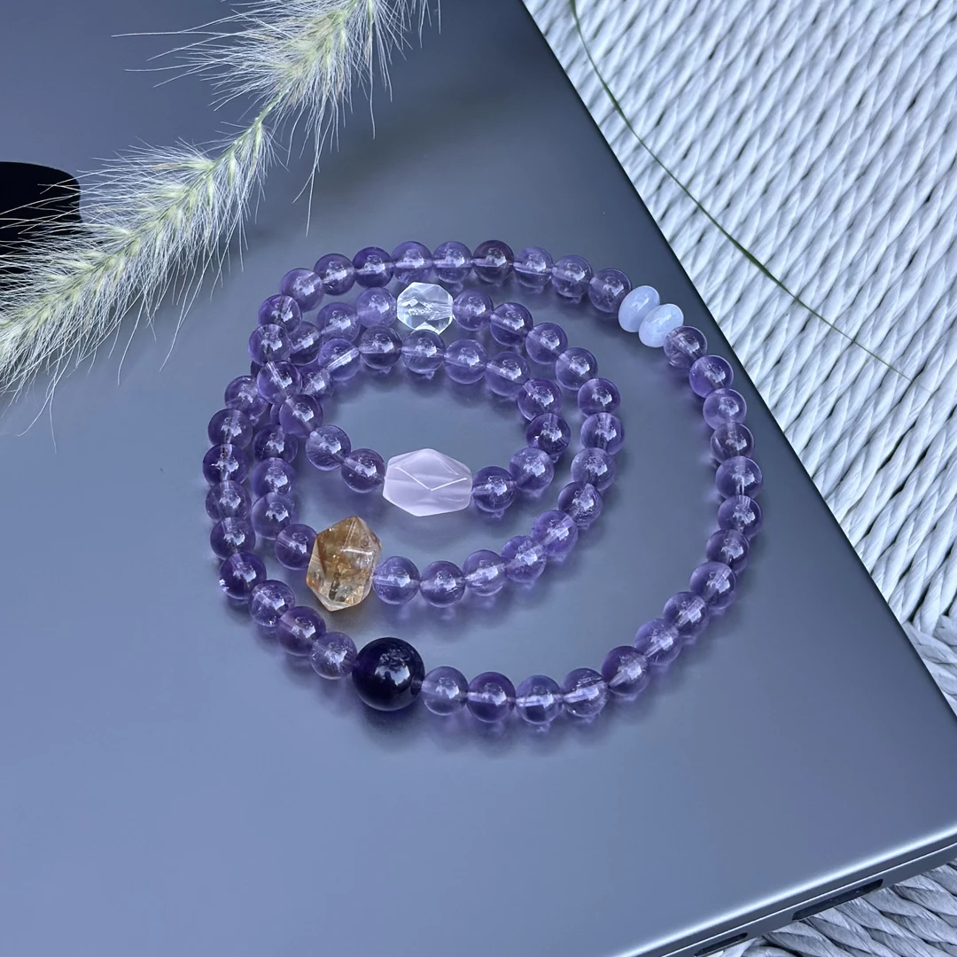 【智富】天然紫水晶粉水晶黄塔晶白水晶蓝纹玛瑙三圈手串手链项链