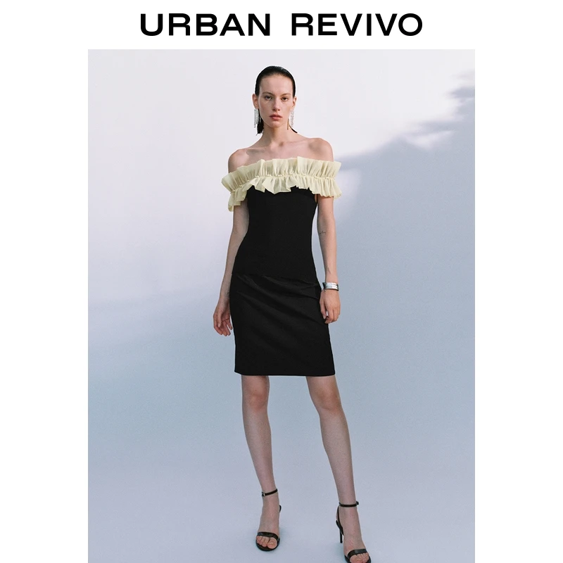 UR2025夏季新款女法式千金贵系拼接荷叶边一字领针织衫UWG950161