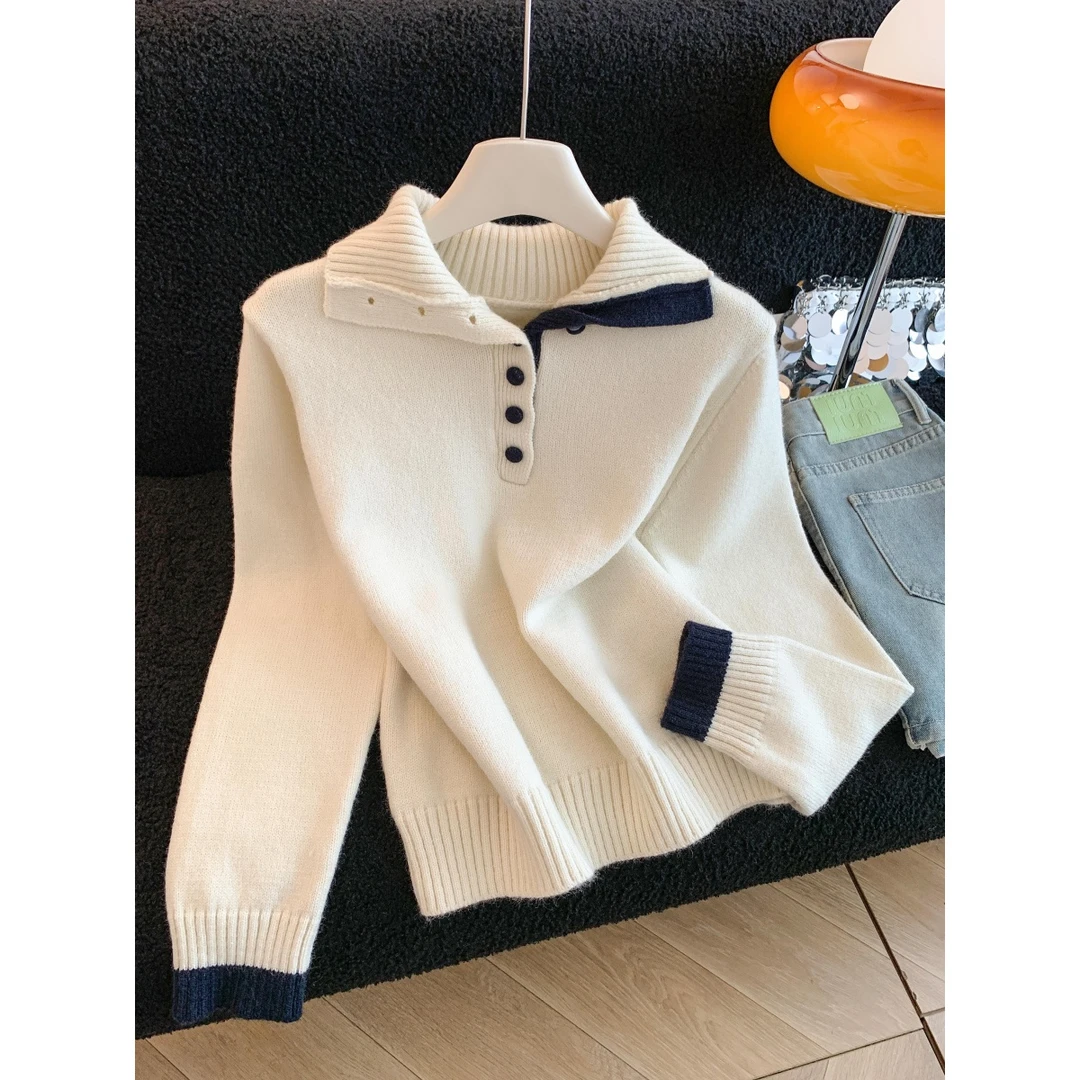 清冷2025简约撞色高领毛衣女秋冬新款百搭宽松加厚立领针织衫上衣