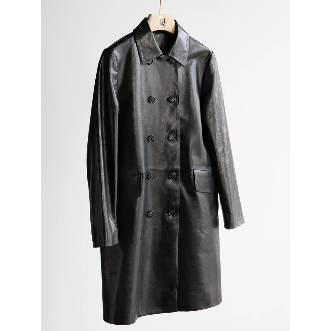 Forlin 芙临 进口头层摔纹油蜡皮双排扣中长款皮衣外套 HT32265 S