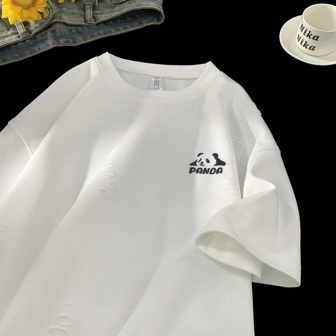 破洞熊猫刺绣冰丝短袖男潮牌凉感速干T恤夏季美式重磅休闲五分袖