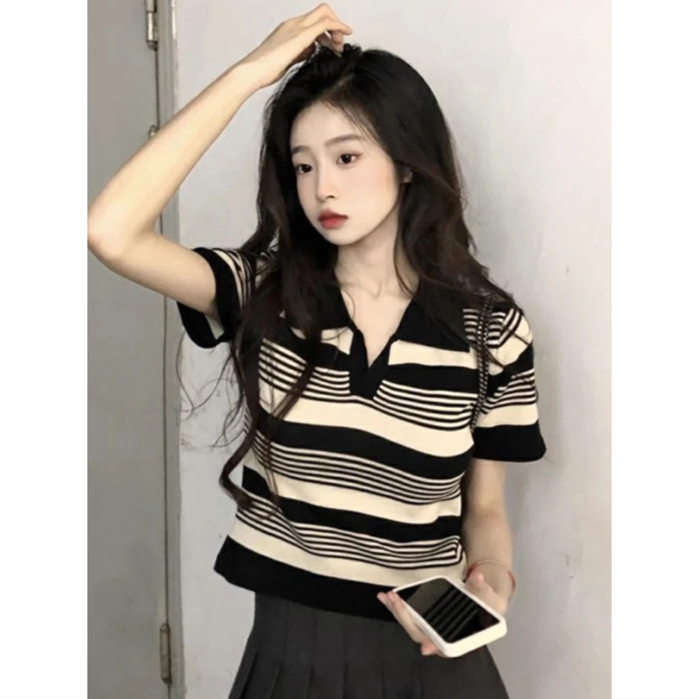安东#冰爽丝品质冰丝辣妹针织短袖领条纹上衣女夏季正肩短款薄款