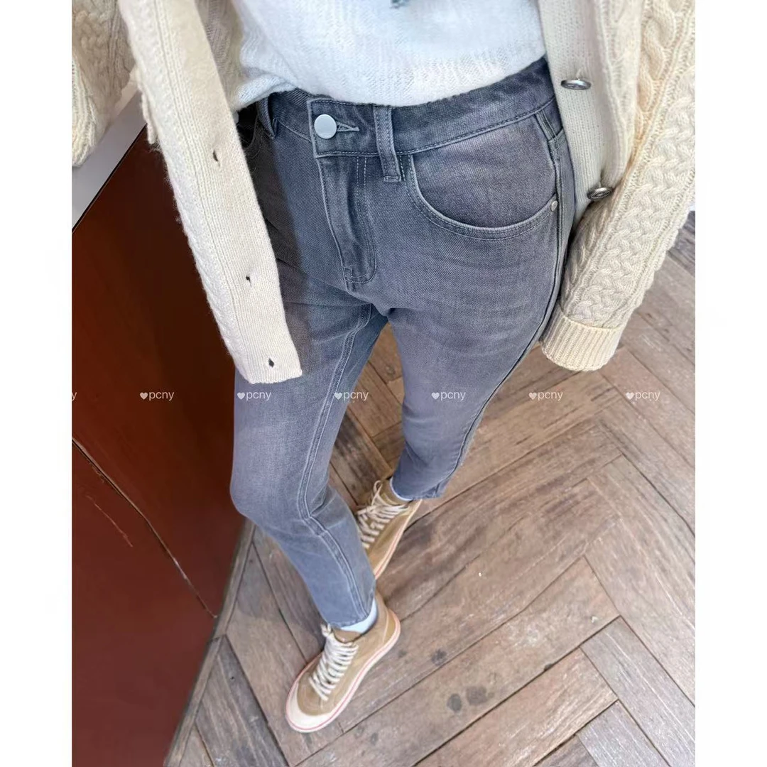 PCNY「月相重叠」不理理冬季新款小众女装弹力显瘦直筒烟管裤牛仔裤