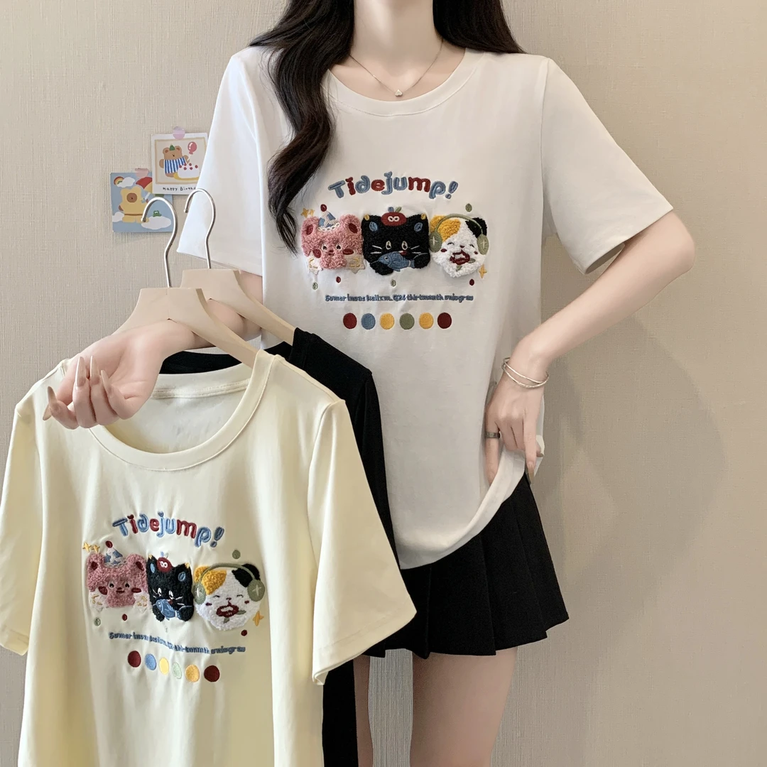 2025新款大码女装新款休闲百搭印花猫咪圆领T恤短袖3237