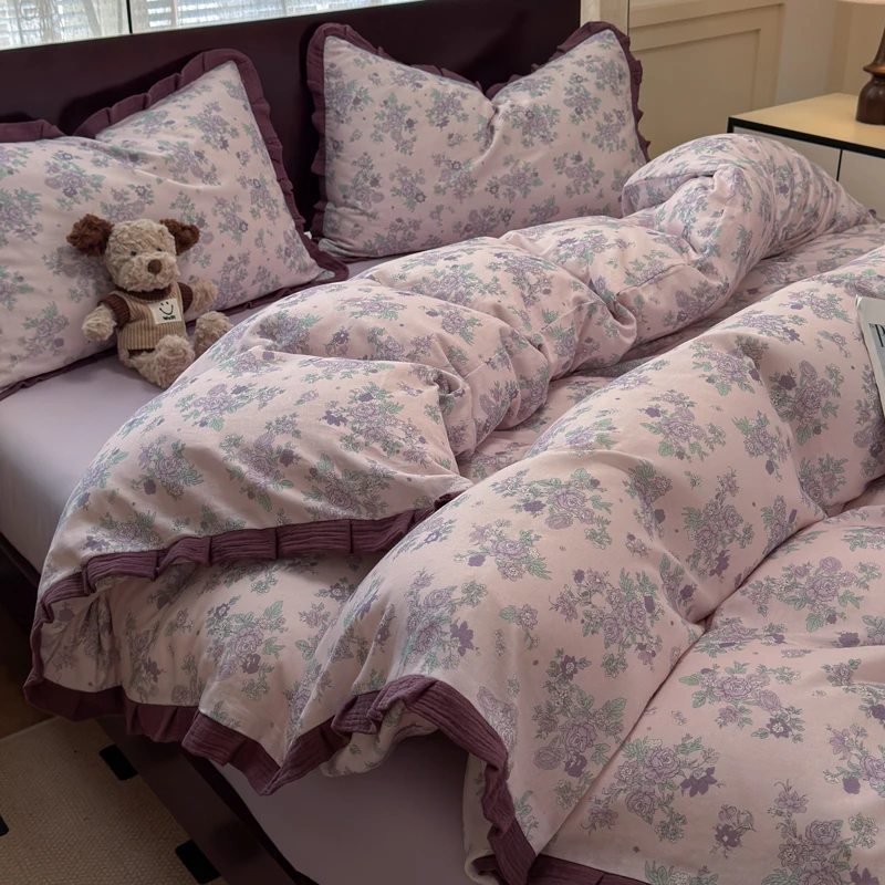 A类小碎花全棉双层纱床上四件套纯棉皱皱纱花边被套罩床单三件套