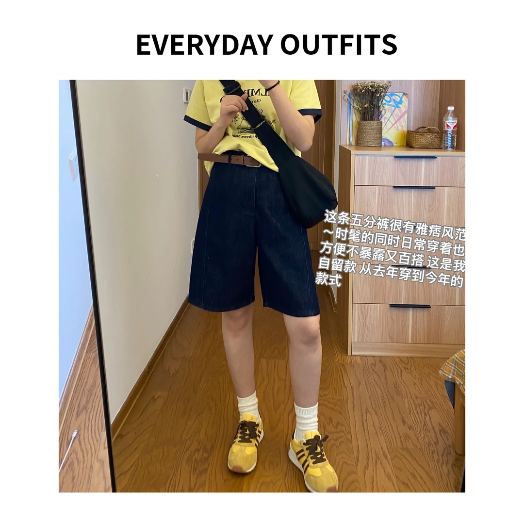 HONG. 复古直筒通勤五分裤5C07百搭休闲小众宽松纯色 0919