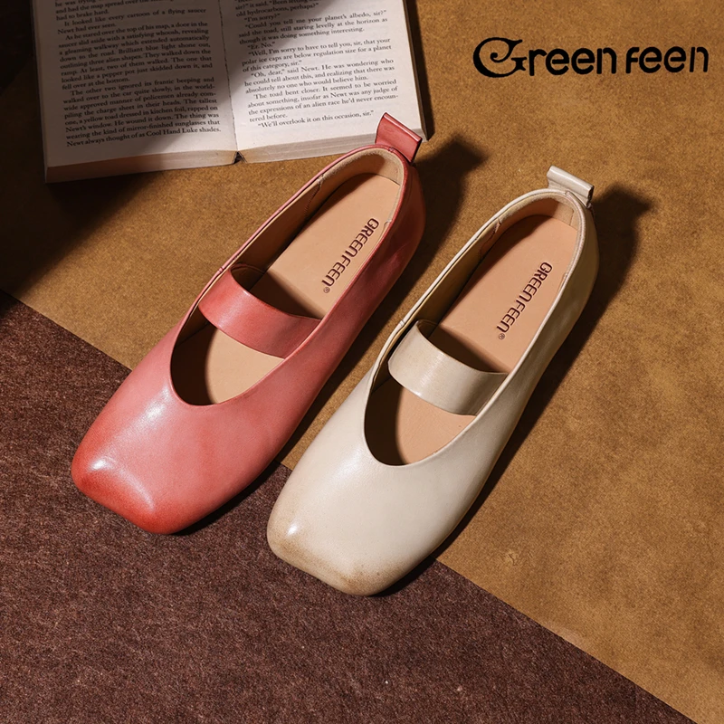 【Green feen】春季新款玛丽珍一字带方头舒适平底真皮浅口单鞋女