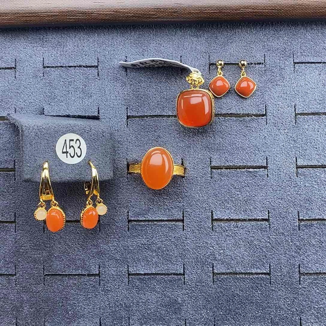 青***灯南红玛瑙银S925镀金镶嵌耳饰单件