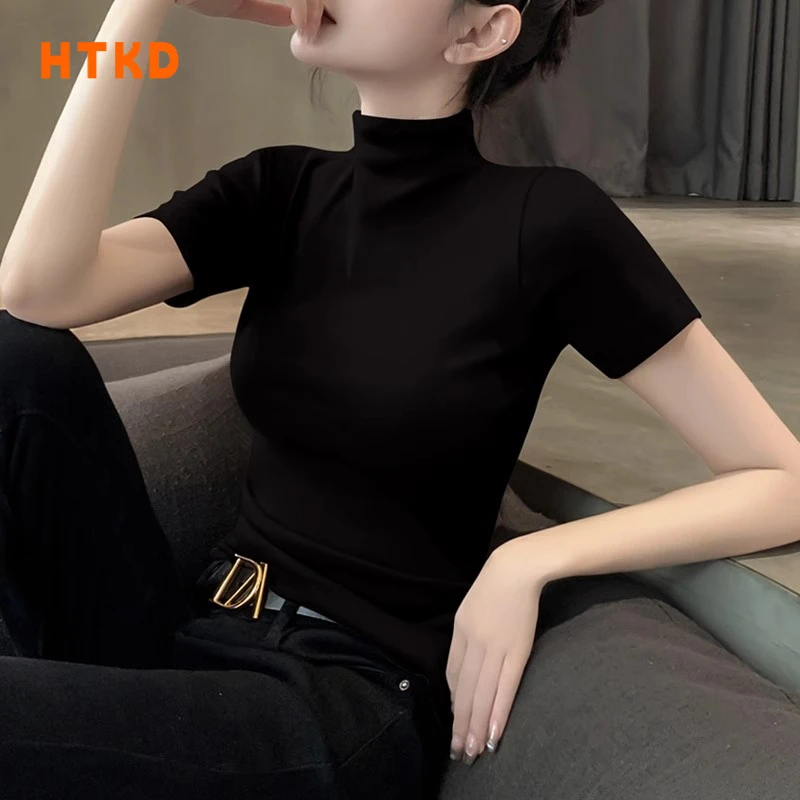 HTKD螺纹半高领显瘦短袖t恤女2025夏季新款黑色正肩百搭洋气半袖
