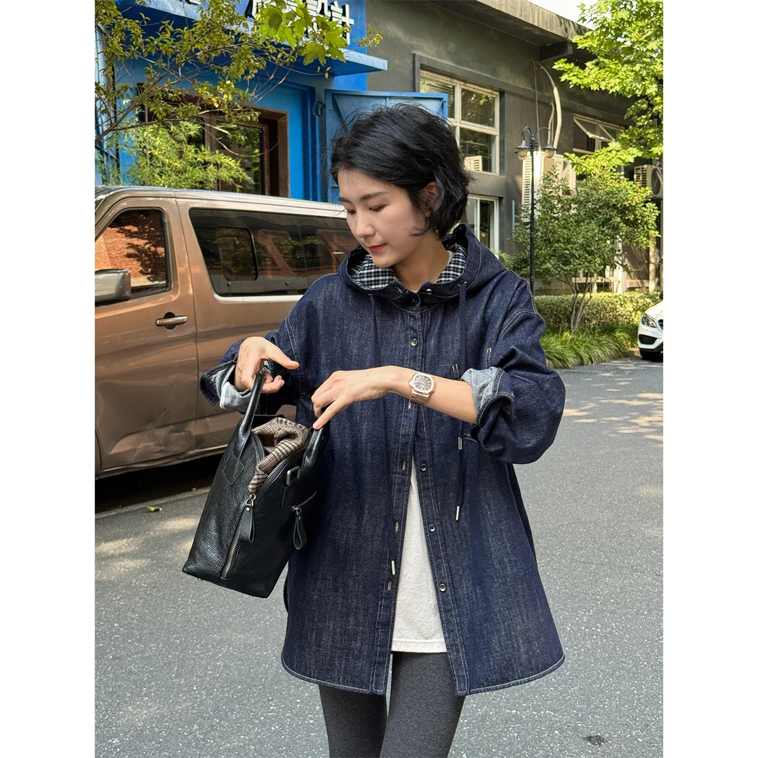 LANGQING 抽绳通勤休闲连帽牛仔衬衣外套46306#