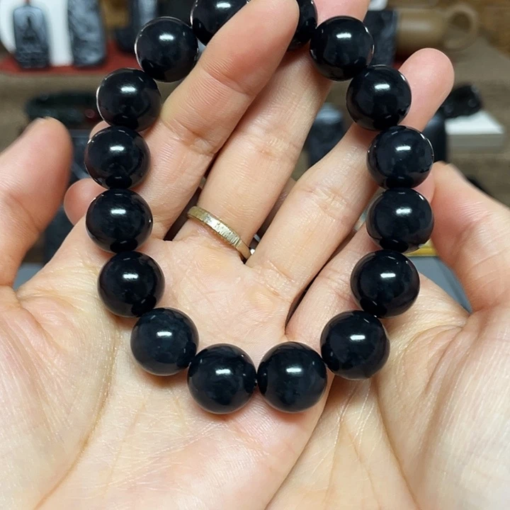 金***堂未镶嵌手串和田玉（墨玉）卡14圆珠