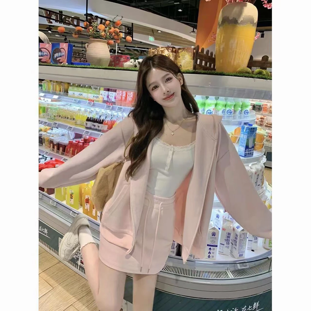 显瘦慵懒休闲秋季运动宽松连帽卫衣外套初秋腰包半身裙两件套