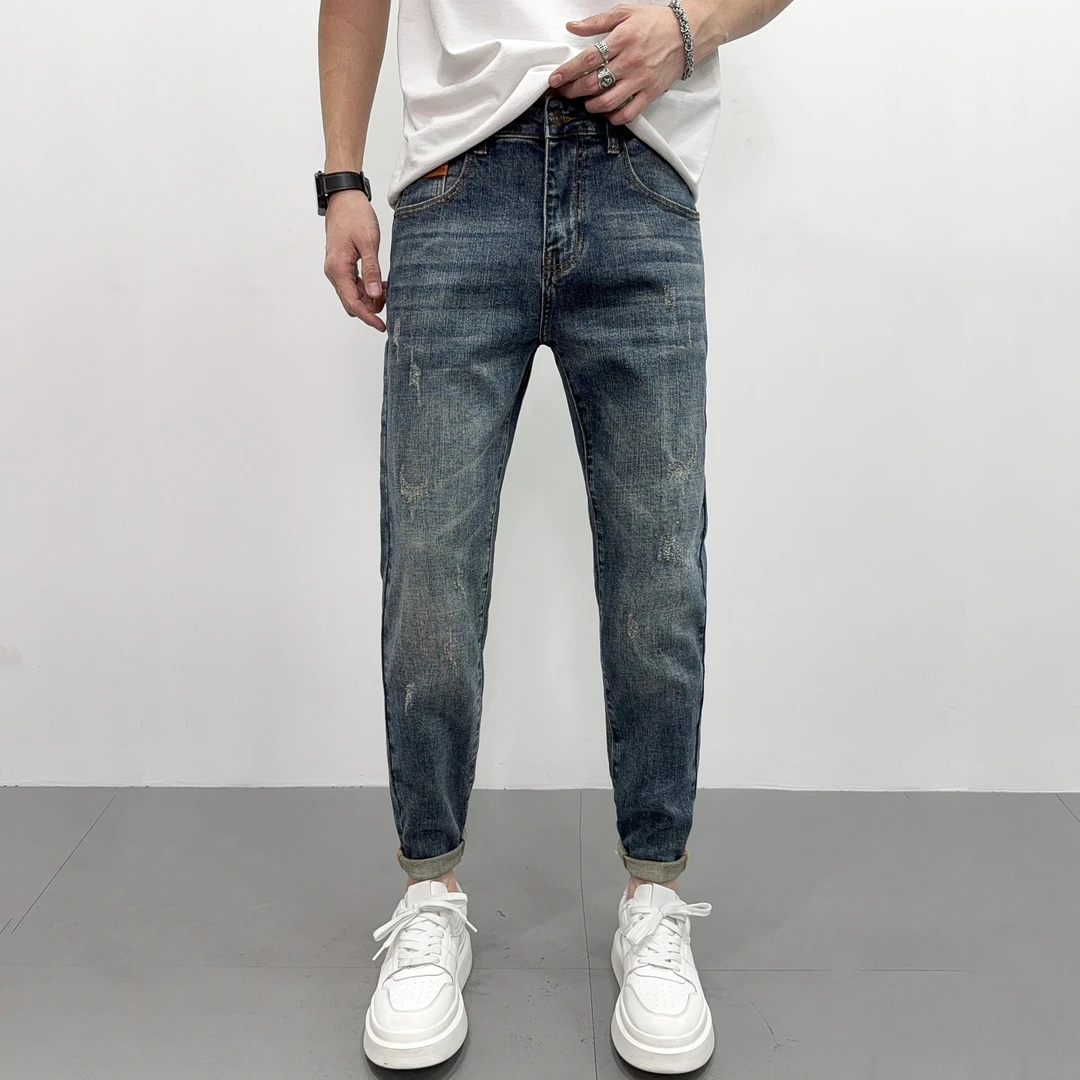 秋冬男士修身牛仔裤爆款2025新款休闲潮流简约复古蓝色男款小脚裤