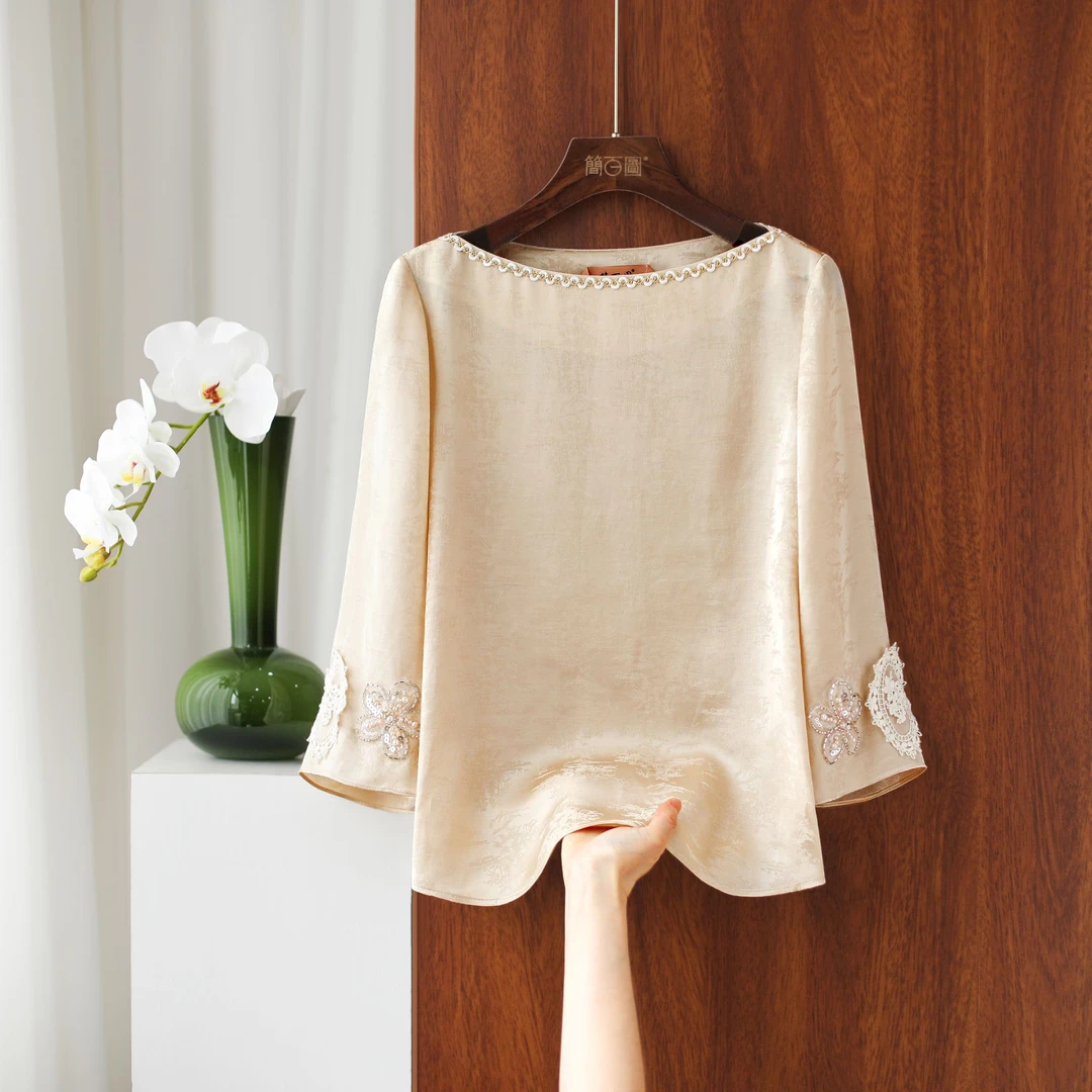 2025夏季新品香槟杏色重工百搭衬衫时尚遮肉显瘦新中式国风衬衫