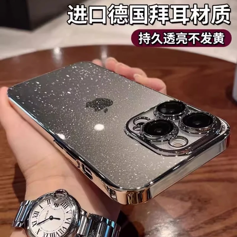 自带镜头膜星空电镀闪粉适用iPhone16手机壳苹果15透明13保护套12