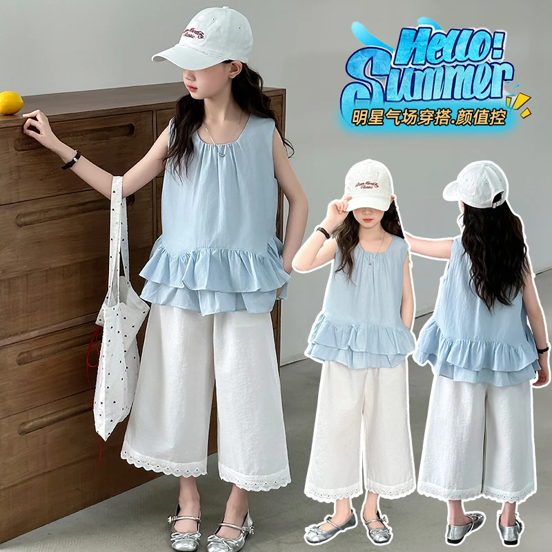 女童夏季蓝色娃娃衫飞袖上衣2025新款中大童洋气白色休闲裤两件套