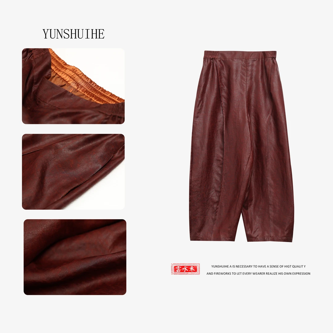 YUNSHUIHE/云水禾新中式国风红云纱裤子-AK250625