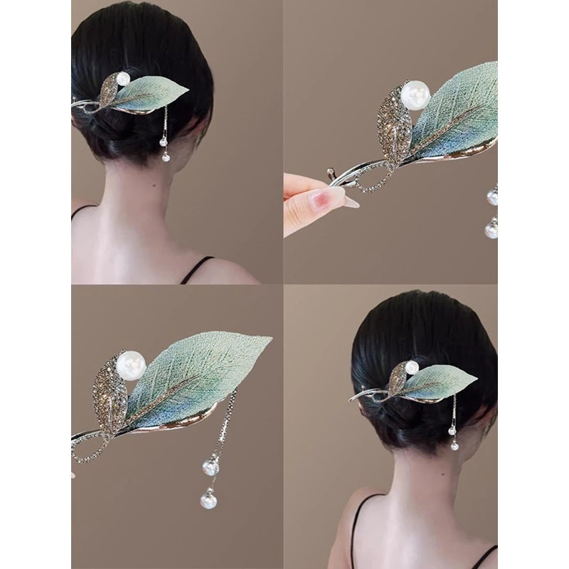 清风意秋！刺绣树叶发夹！珍珠流苏扭扭夹气质后脑勺盘发器饰发夹