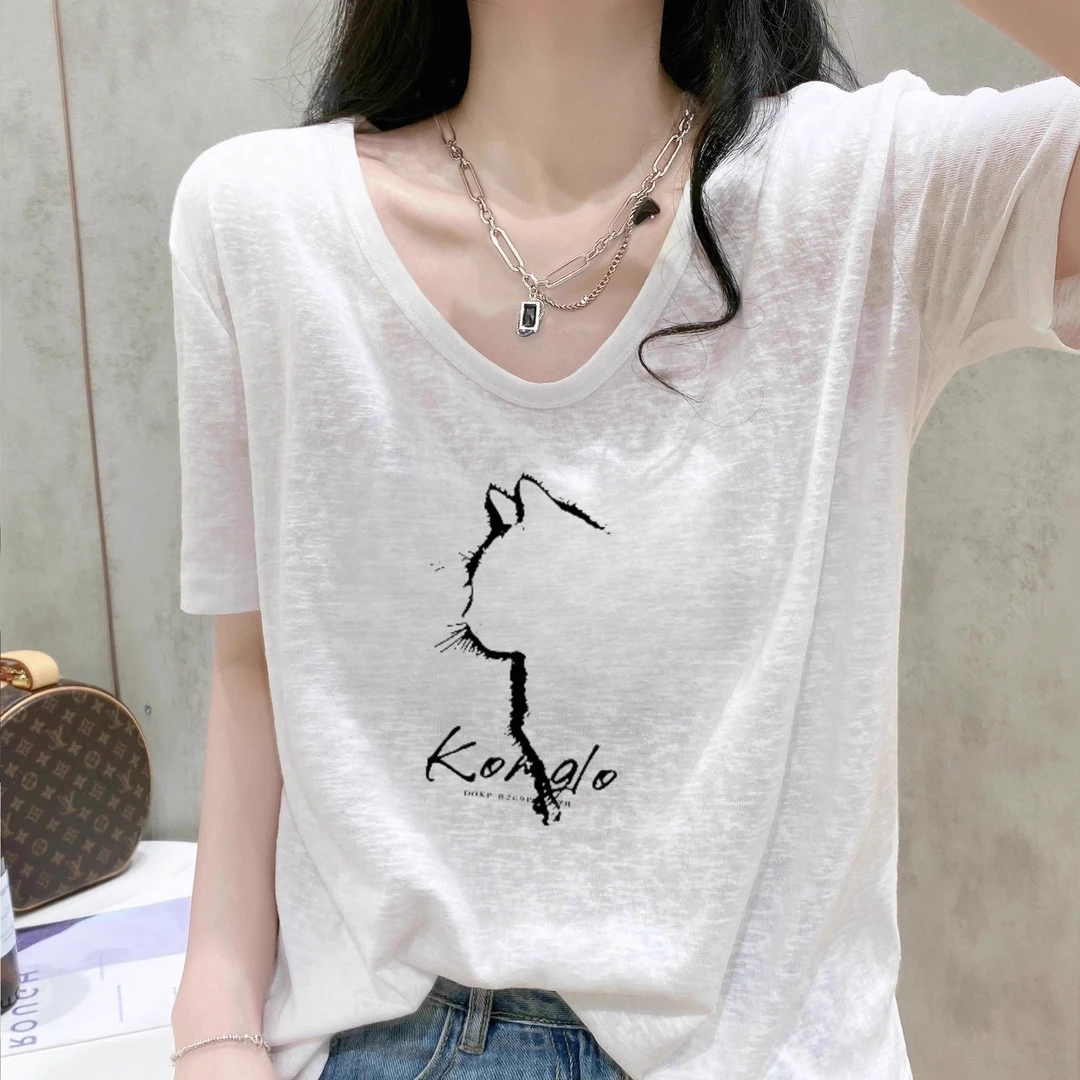 雪花棉短袖T恤女2025年夏季新款V领宽松大码高级感正肩胖mm上衣潮