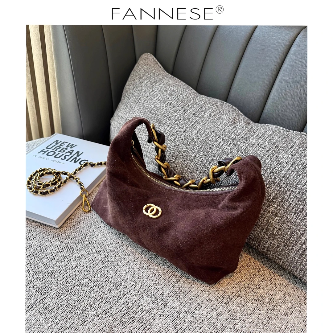 新款磨砂牛皮25Khobo单肩包高级感粗链条绒面真皮腋下月牙包潮流