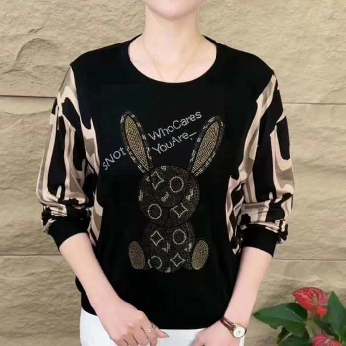 兔子烫钻妈妈长袖t恤秋季2025新款时尚宽松显瘦拼色遮肉圆领上衣